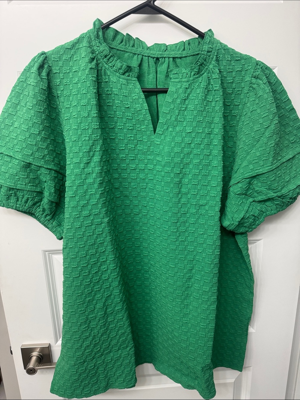 Textured Green Puff-Sleeve Women's Blouse